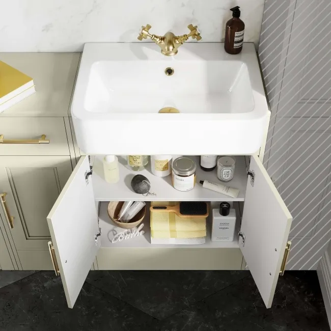Monaco Chalk White Combination Vanity Basin 1500mm (Excludes Pan & Cistern) - Brass Knurled Handles