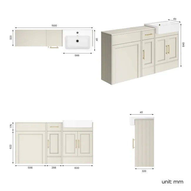 Monaco Chalk White Combination Vanity Basin 1500mm (Excludes Pan & Cistern) - Brass Knurled Handles