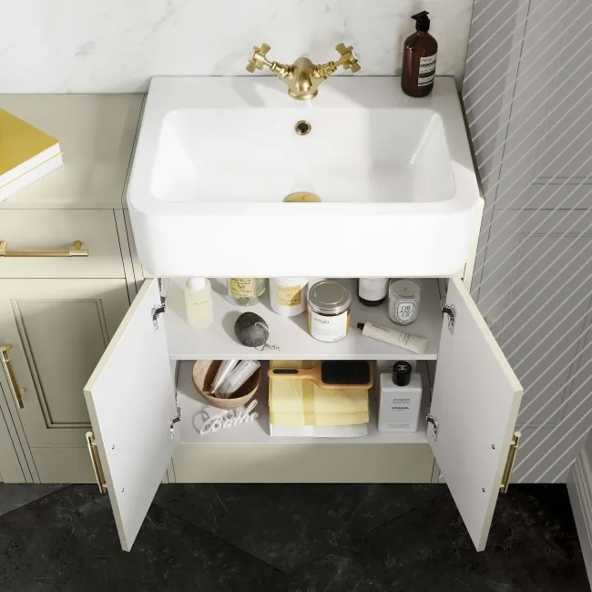 Monaco Chalk White Combination Vanity Basin and Boston Toilet 1500mm - Brass Knurled Handles