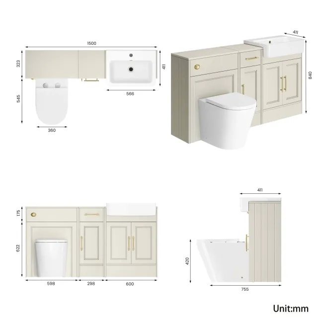 Monaco Chalk White Combination Vanity Basin and Boston Toilet 1500mm - Brass Knurled Handles