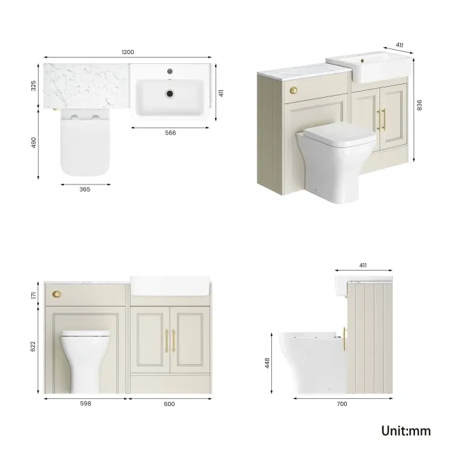 Monaco Chalk White Combination Vanity Basin with Marble Top & Atlanta Toilet 1200mm - Brass Knurled Handles