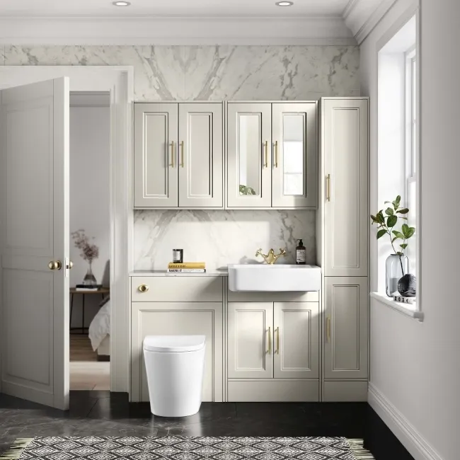 Monaco Chalk White Combination Vanity Basin with Marble Top & Boston Toilet 1200mm - Brass Knurled Handles