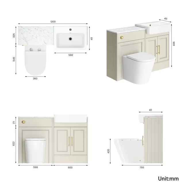 Monaco Chalk White Combination Vanity Basin with Marble Top & Boston Toilet 1200mm - Brass Knurled Handles