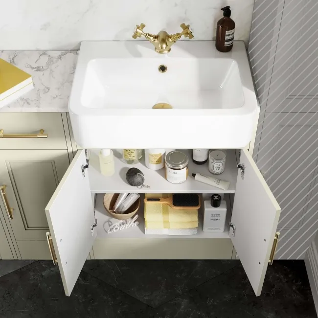 Monaco Chalk White Combination Vanity Basin with Marble Top 1500mm (Excludes Pan & Cistern) - Brass Knurled Handles