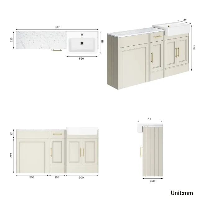 Monaco Chalk White Combination Vanity Basin with Marble Top 1500mm (Excludes Pan & Cistern) - Brass Knurled Handles