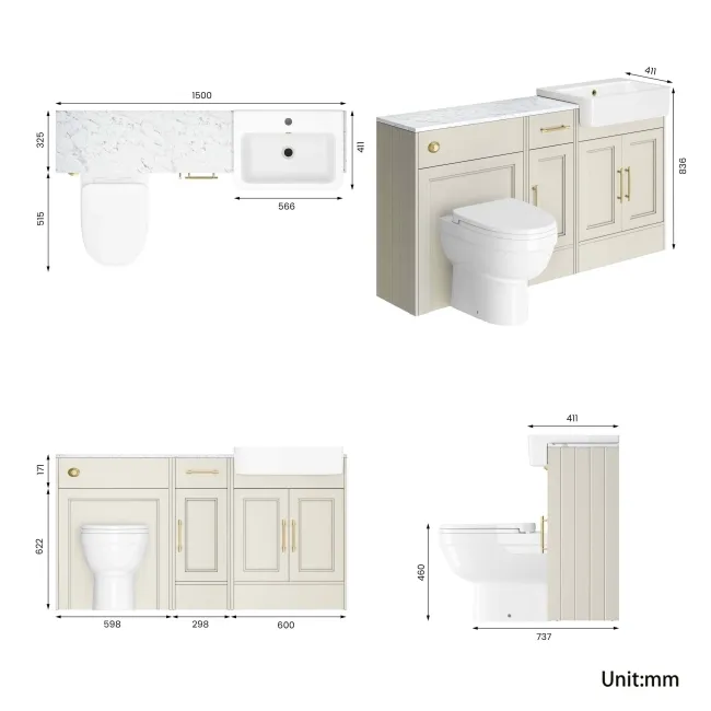 Monaco Chalk White Combination Vanity Basin with Marble Top and Seattle Toilet 1500mm - Brass Knurled Handles