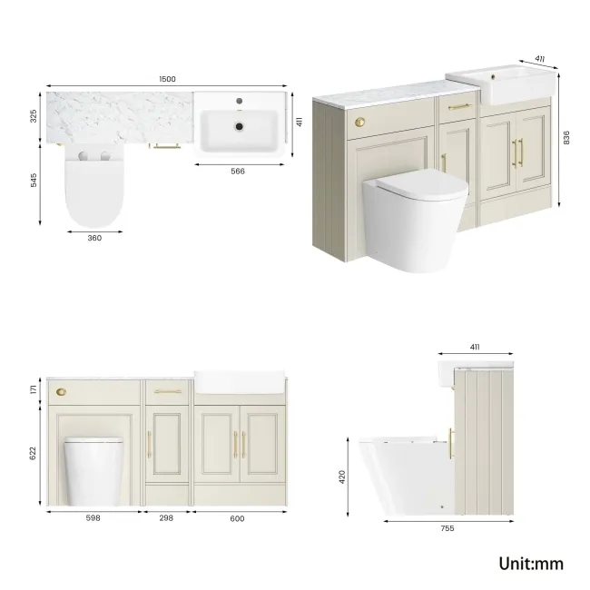 Monaco Chalk White Combination Vanity Basin with Marble Top and Boston Toilet 1500mm - Brass Knurled Handles