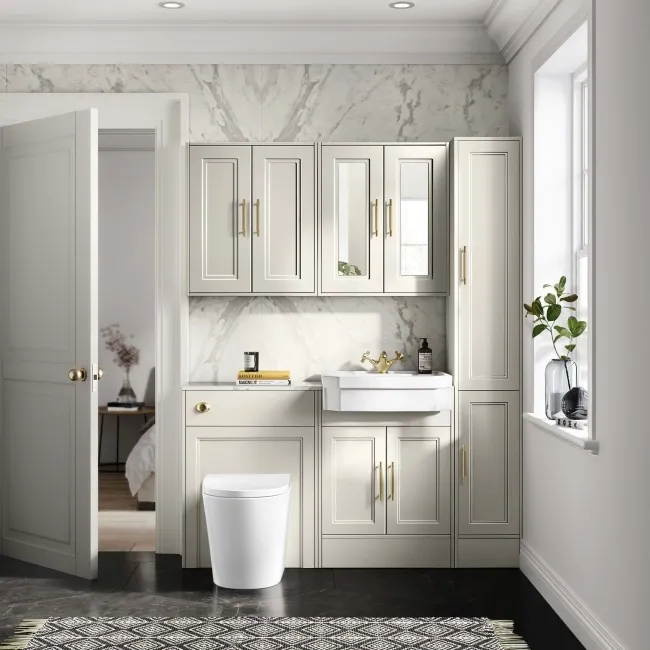 Monaco Chalk White Combination Vanity Traditional Basin with Marble Top & Boston Toilet 1200mm - Brass Knurled Handles