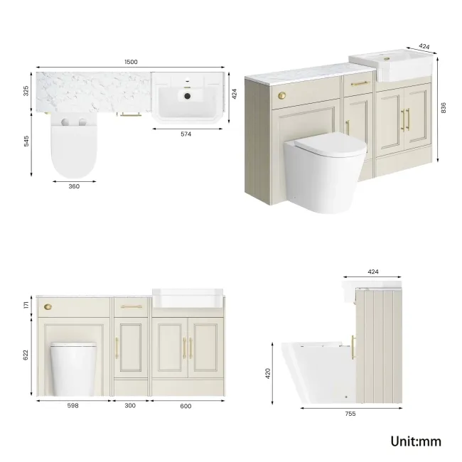 Monaco Chalk White Combination Vanity Traditional Basin with Marble Top and Boston Toilet 1500mm - Brass Knurled Handles
