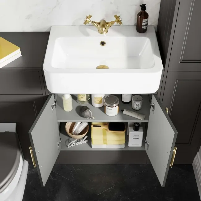 Monaco Graphite Grey Basin Vanity 600mm - Brass Knurled Handles