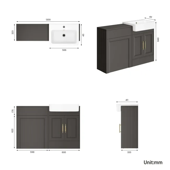 Monaco Graphite Grey Basin Vanity and Back To Wall Unit 1200mm (Excludes Pan & Cistern) - Brass Knurled Handles