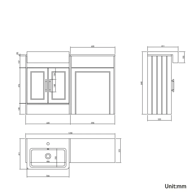 Monaco Graphite Grey Basin Vanity and Back To Wall Unit 1200mm (Excludes Pan & Cistern) - Brass Knurled Handles