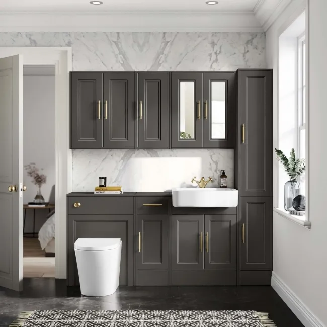 Monaco Graphite Grey Combination Vanity Basin and Boston Toilet 1500mm - Brass Knurled Handles