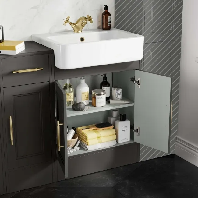 Monaco Graphite Grey Combination Vanity Basin and Boston Toilet 1500mm - Brass Knurled Handles