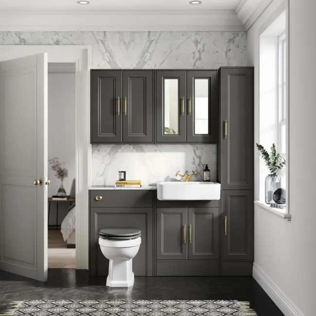 Monaco Graphite Grey Combination Vanity Basin with Marble Top 1200mm (Excludes Pan & Cistern) - Brass Knurled Handles