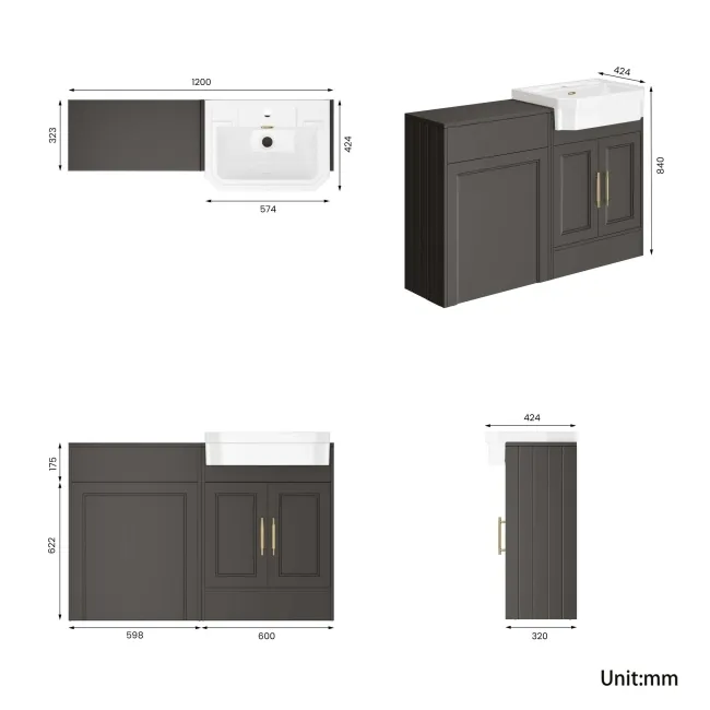 Monaco Graphite Grey Traditional Basin Vanity and Back To Wall Unit 1200mm (Excludes Pan & Cistern) - Brass Knurled Handles