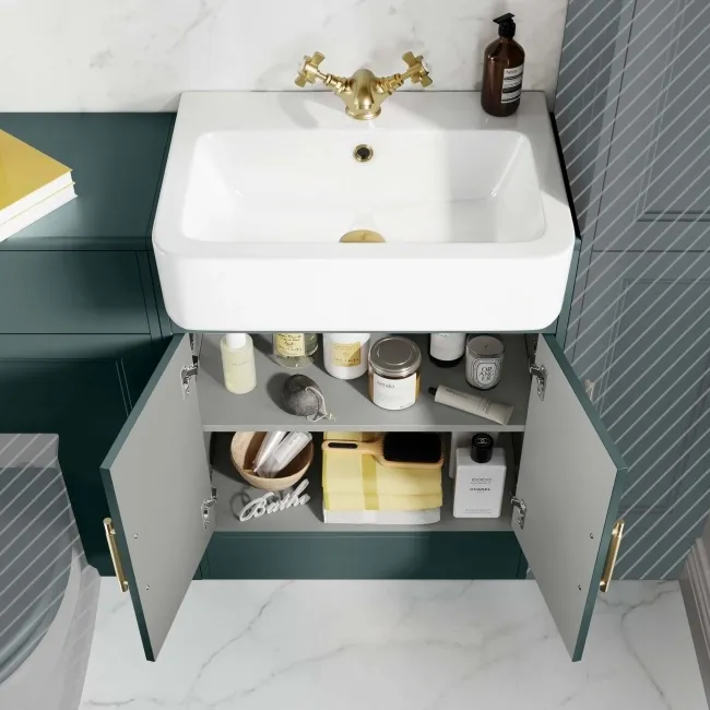 Monaco Midnight Green Basin Vanity and Back To Wall Unit 1200mm (Excludes Pan & Cistern) - Brass Knurled Handles