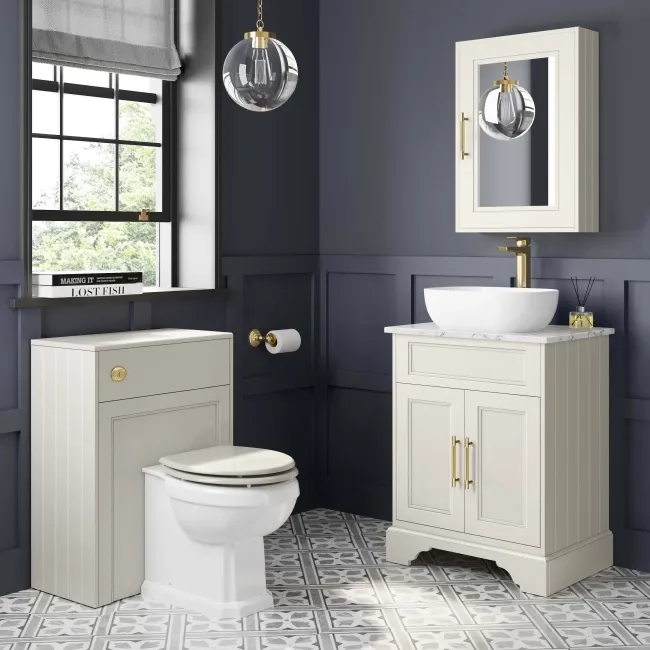 Lucia Chalk White Vanity with Marble Top & Curved Counter Top Basin 640mm - Brass Knurled Handles