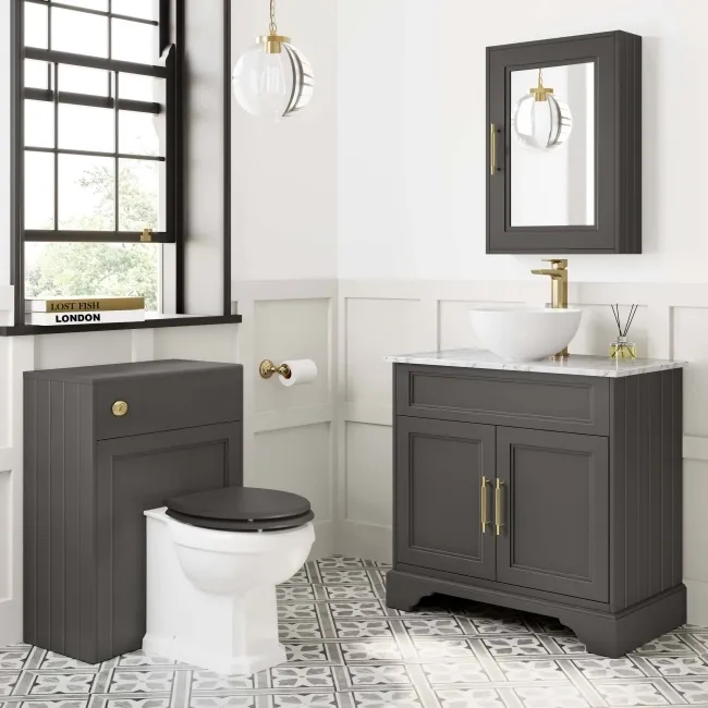 Lucia Graphite Grey Vanity with Marble Top & Round Counter Top Basin 840mm - Brass Knurled Handles