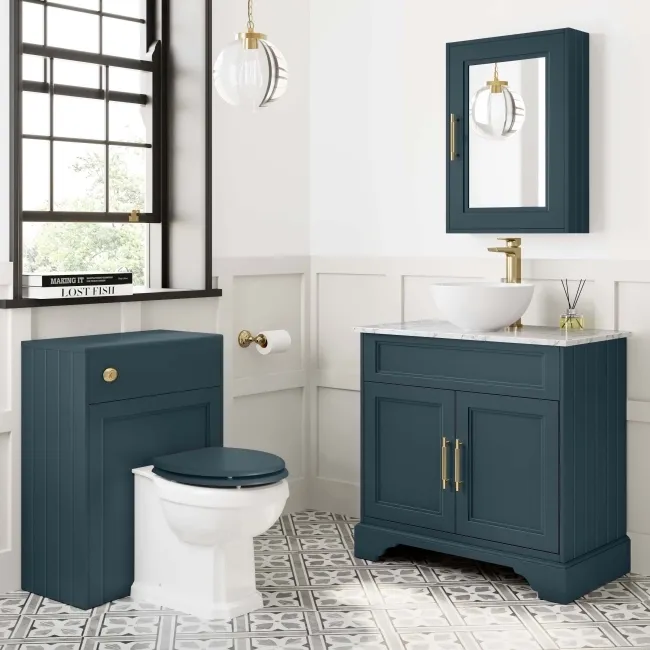 Lucia Inky Blue Vanity with Marble Top & Round Counter Top Basin 840mm - Brass Knurled Handles