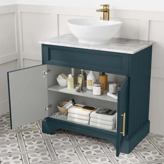Lucia Inky Blue Vanity with Marble Top & Oval Counter Top Basin 840mm - Brass Knurled Handles