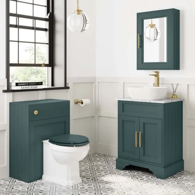 Lucia Midnight Green Vanity with Marble Top & Curved Counter Top Basin 640mm - Brass Knurled Handles