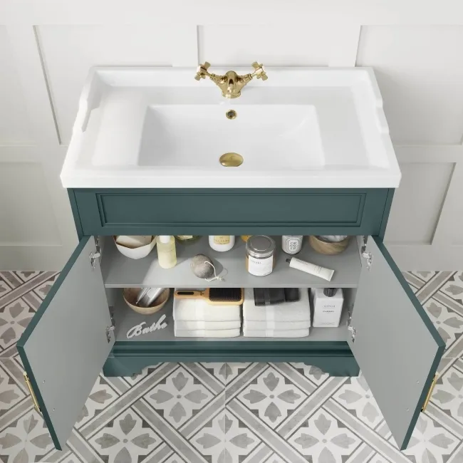Lucia Midnight Green Basin Vanity 830mm - Brass Knurled Handles