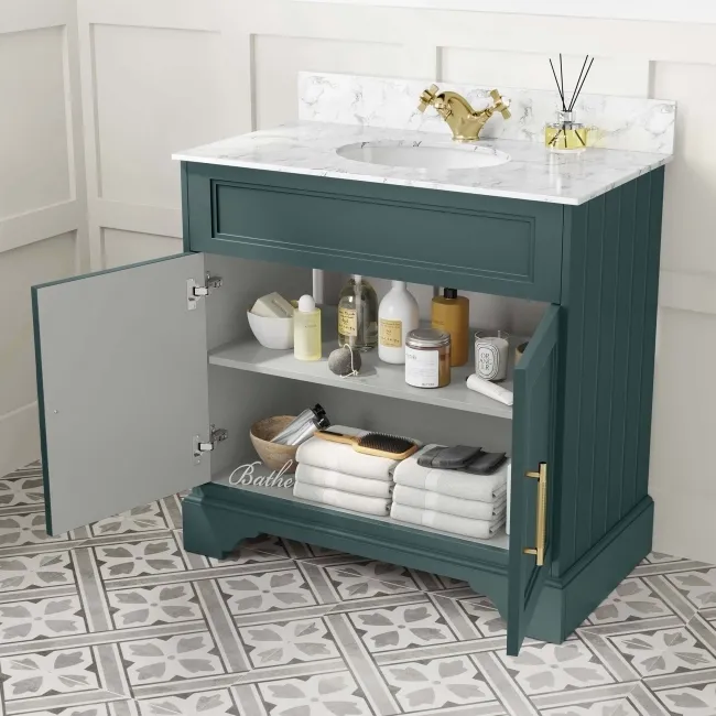Lucia Midnight Green Vanity with Marble Top & Undermount Basin 830mm - Brass Knurled Handles