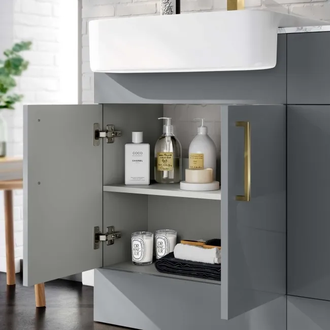 Harper Stone Grey Basin Vanity with Marble Top & Back To Wall Unit 1200mm (Excludes Toilet) - Brushed Brass Accents