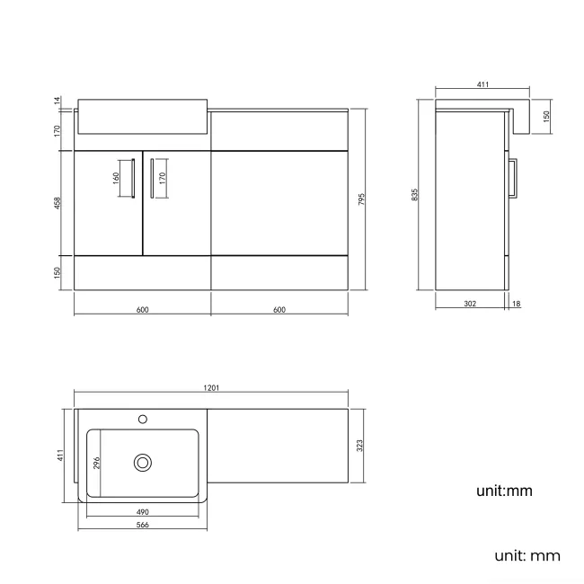 Harper Stone Grey Basin Vanity with Marble Top & Back To Wall Unit 1200mm (Excludes Toilet) - Brushed Brass Accents