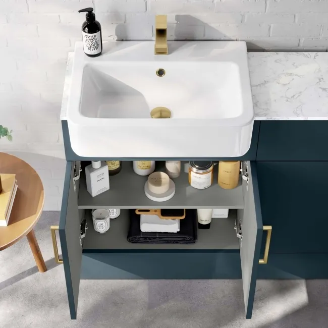 Harper Navy Blue Basin Vanity with Marble Top & Back To Wall Unit 1200mm (Excludes Toilet) - Brushed Brass Accents