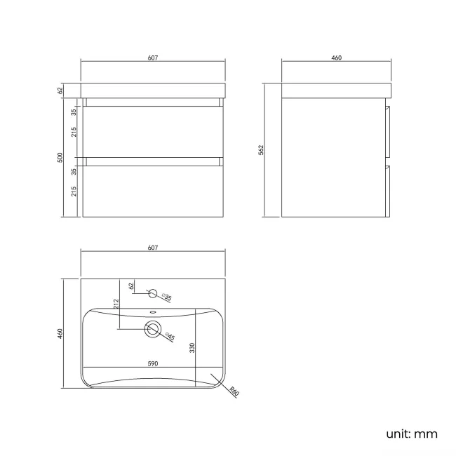 Corsica Tungsten Grey Wall Hung Basin Drawer Vanity 600mm