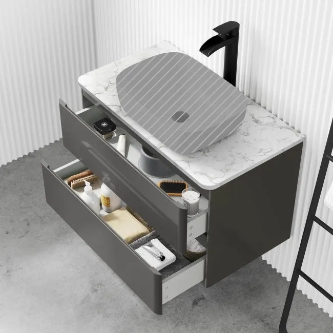 Corsica Tungsten Grey Wall Hung Drawer Vanity with Marble Top 800mm - Excludes Counter Top Basin