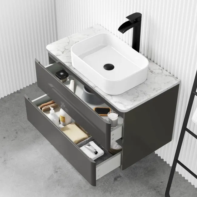 Corsica Tungsten Grey Wall Hung Drawer Vanity with Marble Top & Marin Basin 800mm