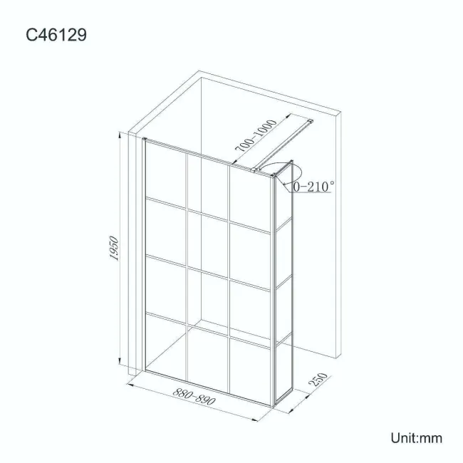 Munich Matt Black Grid 8mm Wet Room Shower Glass 900mm & 250mm Pivotal Return Panel