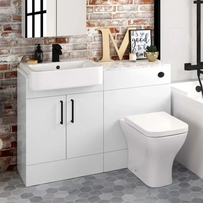 Harper Gloss White Combination Vanity Basin with Marble Top & Atlanta Toilet 1200mm - Black Accents