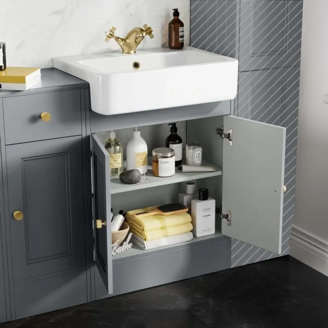 Monaco Dove Grey Combination Vanity Basin and Hudson Toilet with Wooden Seat 1500mm - Brushed Brass Accents