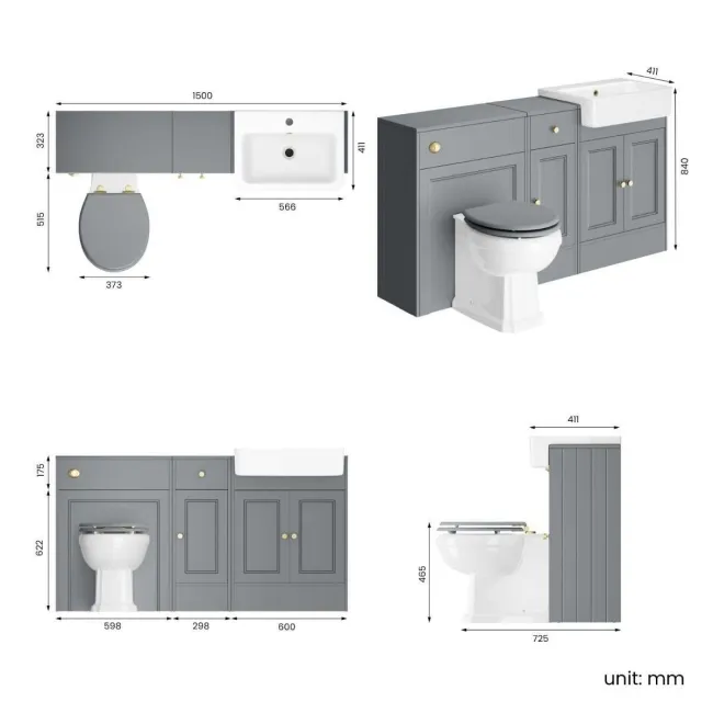 Monaco Dove Grey Combination Vanity Basin and Hudson Toilet with Wooden Seat 1500mm - Brushed Brass Accents