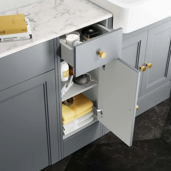 Monaco Dove Grey Combination Vanity Basin with Marble Top and Hudson Toilet with Wooden Seat 1500mm - Brushed Brass Accents