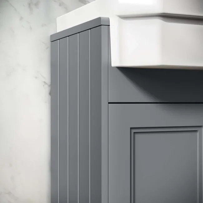 Monaco Dove Grey Combination Vanity Traditional Basin and Hudson Toilet with Wooden Seat 1500mm - Brushed Brass Accents