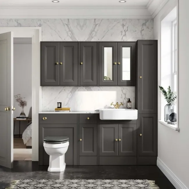 Monaco Graphite Grey Combination Vanity Basin with Marble Top and Hudson Toilet with Wooden Seat 1500mm - Brushed Brass Accents