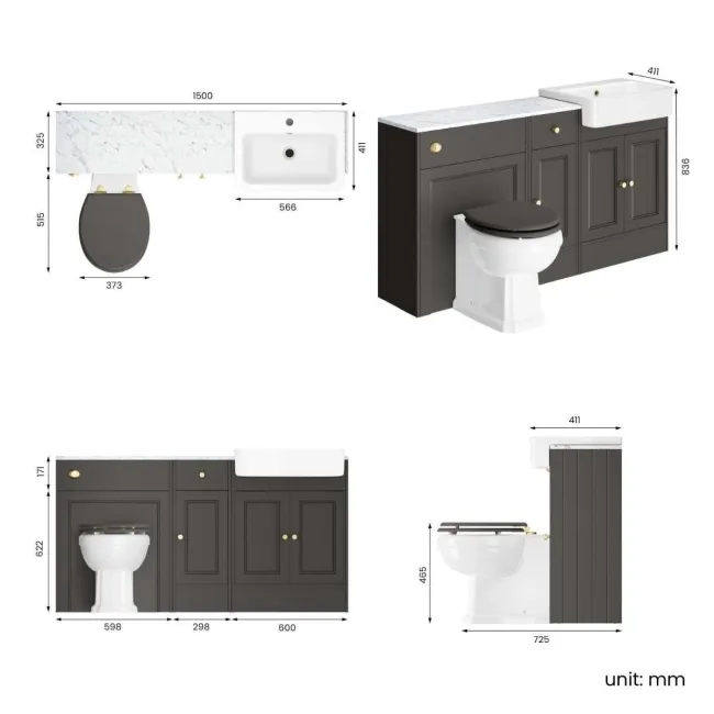 Monaco Graphite Grey Combination Vanity Basin with Marble Top and Hudson Toilet with Wooden Seat 1500mm - Brushed Brass Accents