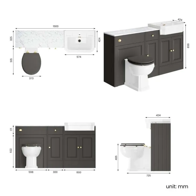 Monaco Graphite Grey Combination Vanity Traditional Basin with Marble Top & Hudson Toilet with Wooden Seat 1500mm - Brushed Brass Accents