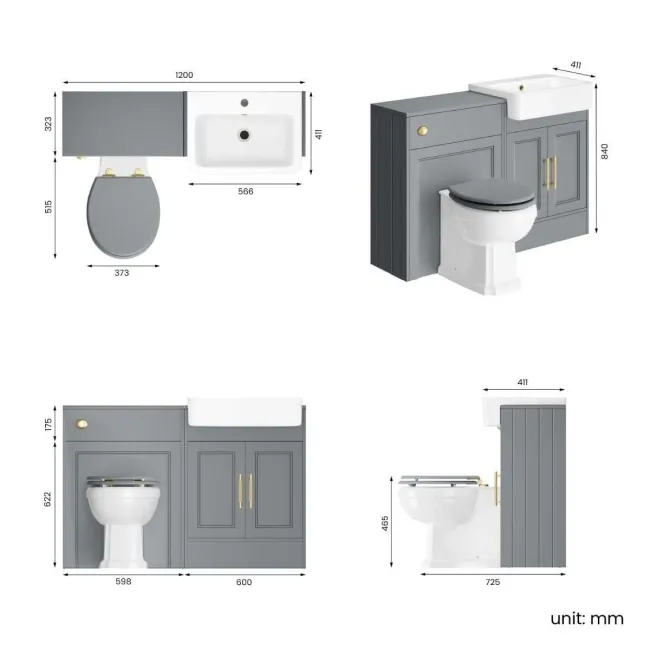 Monaco Dove Grey Combination Vanity Basin and Hudson Toilet with Wooden Seat 1200mm - Brass Knurled Handles