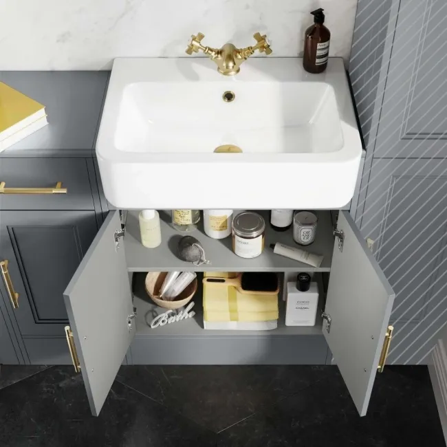 Monaco Dove Grey Combination Vanity Basin and Hudson Toilet with Wooden Seat 1500mm - Brass Knurled Handles