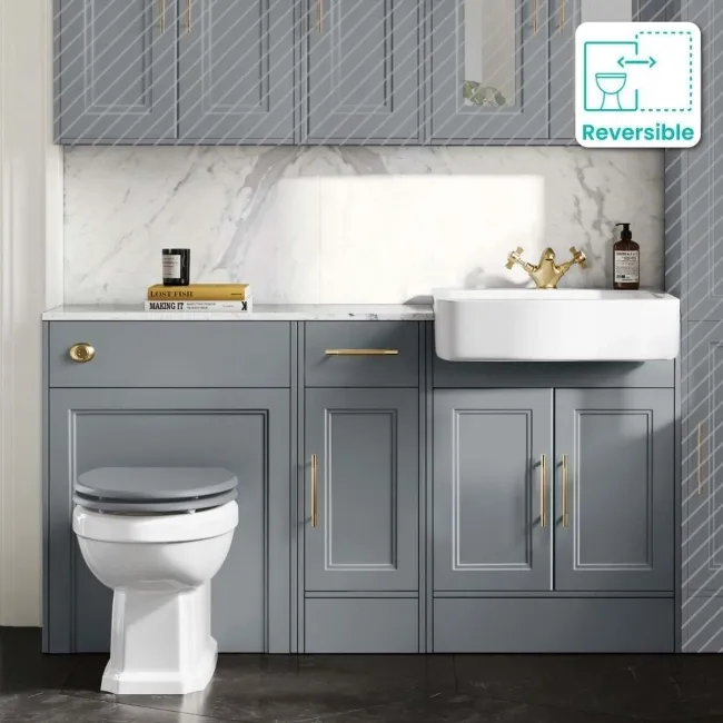 Monaco Dove Grey Combination Vanity Basin with Marble Top and Hudson Toilet with Wooden Seat 1500mm - Brass Knurled Handles