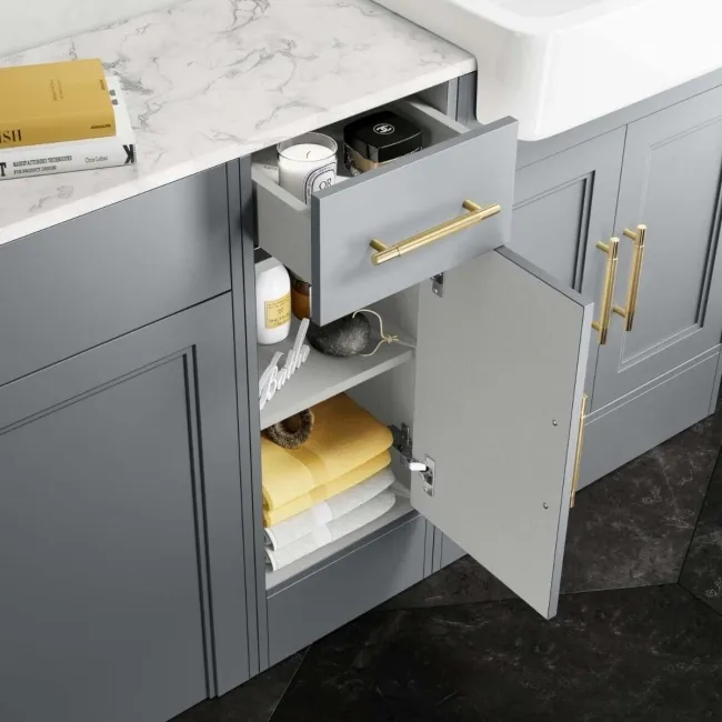 Monaco Dove Grey Combination Vanity Basin with Marble Top and Hudson Toilet with Wooden Seat 1500mm - Brass Knurled Handles