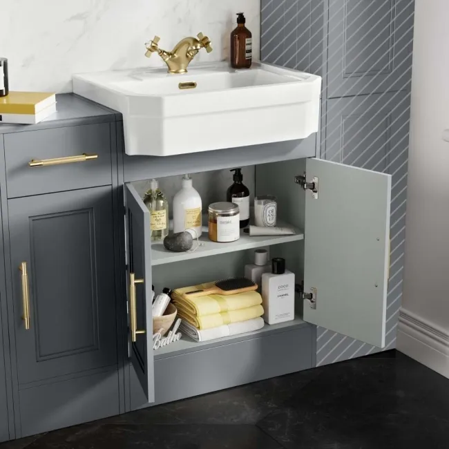 Monaco Dove Grey Combination Vanity Traditional Basin and Hudson Toilet with Wooden Seat 1500mm - Brass Knurled Handles