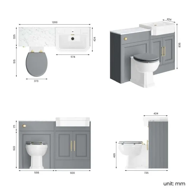 Monaco Dove Grey Combination Vanity Traditional Basin with Marble Top & Hudson Toilet with Wooden Seat 1200mm - Brass Knurled Handles