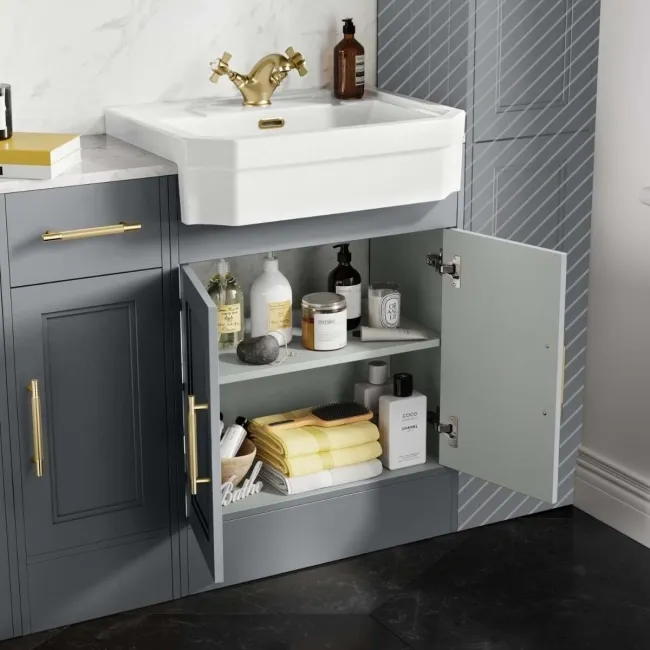 Monaco Dove Grey Combination Vanity Traditional Basin with Marble Top & Hudson Toilet with Wooden Seat 1500mm - Brass Knurled Handles